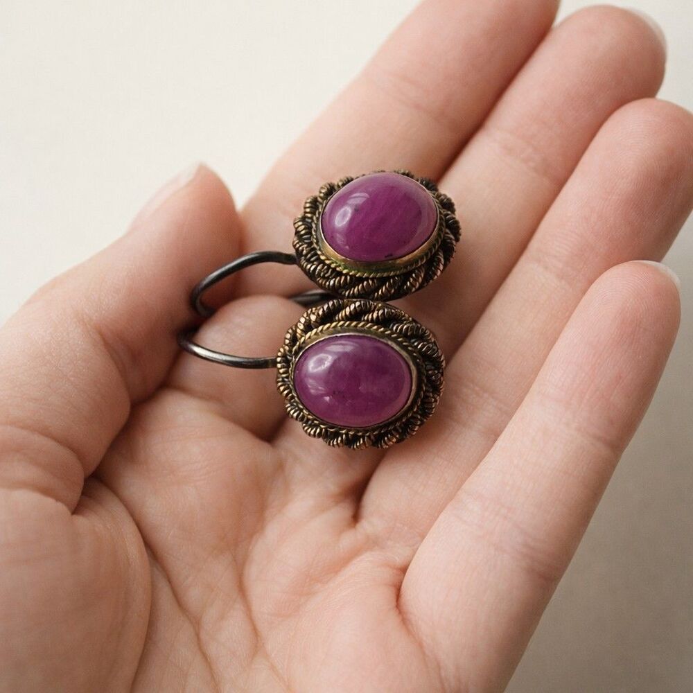 Vintage 925 Sterling Silver Natural Pink Red Gemstone Cabochon Dangle Earrings-J